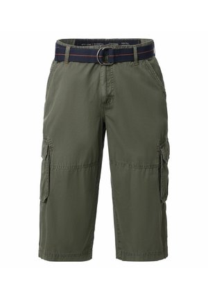 Olive green cargo shorts made of lightweight fabric, featuring two side pockets, stitched detailing, and a navy belt with a metal buckle.