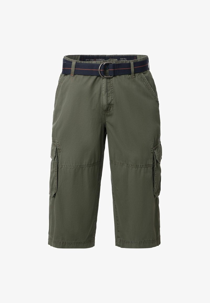 Olivgrüne Cargo-Shorts aus leichtem Stoff, mit zwei seitlichen Taschen, genähten Details und einem marineblauen Gürtel mit einer Metallschnalle.
