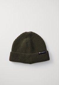 Berretto di maglia verde scuro con un motivo testurizzato, risvolto e una piccola etichetta con il logo Champion sul lato.