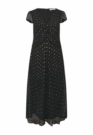 Abito midi nero con maniche corte a sbuffo, dettaglio a nodo attorcigliato in vita e motivo floreale piccolo multicolore su tutta la superficie.