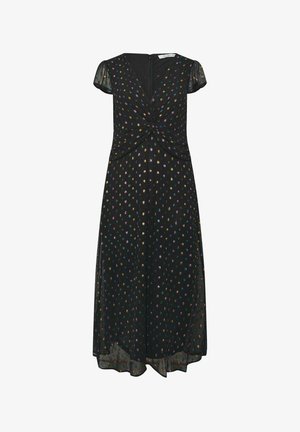 Schwarzes Midikleid mit kurzen Puffärmeln, gedrehtem Knotendetail an der Taille und einem durchgehenden mehrfarbigen kleinen Blumenmuster.