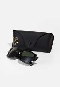 Ochelari de soare negri cu lentile de culoare verde închis, formă rectangulară și ramă groasă, așezați lângă un toc din piele neagră cu un logo aurit.