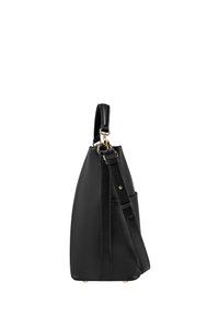 Borsa a tracolla in pelle nera con forma strutturata, texture liscia, dettagli in hardware oro e una tracolla regolabile per opzioni di trasporto versatili.