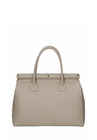 Beżowa skórzana torebka o strukturalnym designie, z górnymi rączkami, zapięciem w kolorze złota oraz teksturowaną powierzchnią. Gładkie wykończenie wnętrza.