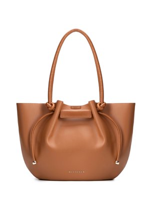 Handtas van lichtbruin leer met twee geknoopte handvatten, trekkoorddetail en goudkleurig "WITTCHEN"-logo in het midden aan de voorkant.