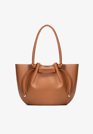 Hellbraune Lederhandtasche mit zwei geknoteten Griffen, Tunnelzug-Detail und goldenem "WITTCHEN"-Logo in der vorderen Mitte.