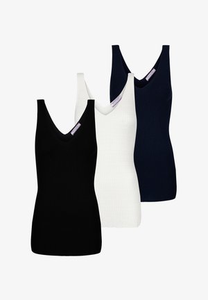 Kolm soonikuga, ilma varrukateta liibuvat särk mustas, valges ja tumesinises värvitoonis, millel on V-dekoltee ja tekstureeritud kangas. Igal särgil on silmatorkav silt.