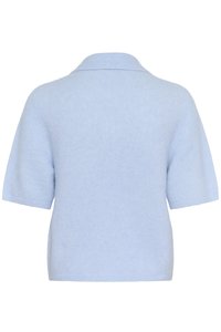 Hellblauer kurzärmeliger Strickpullover mit umgeschlagenem Kragen, von hinten vor weißem Hintergrund gezeigt.