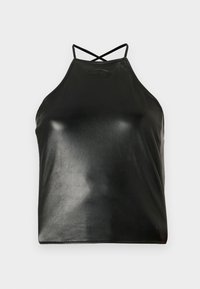 Μαύρο τοπ halter από γυαλιστερό συνθετικό δέρμα. Διαθέτει λουράκια που σταυρώνονται στην πλάτη και ένα διακριτικό ανάγλυφο λογότυπο κοντά στο ντεκολτέ.