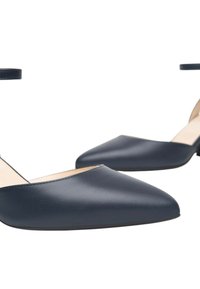 Ballerine in pelle blu scuro a punta con cinturino alla caviglia. Texture liscia, design minimalista e suola bassa per comfort.