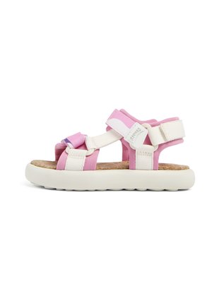 Rosa und weiße Sandale mit verstellbaren Riemen, Korkfußbett und weißer Gummisohle. Verfügt über ein sicheres Offene-Haus-Design, das sich für den Sommer eignet.