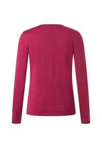 Donkerroze gebreide trui met lange mouwen, gezien vanuit de achterkant, met een ronde halslijn en een rechte zoom.