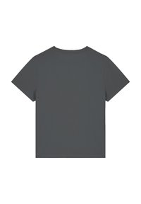 Donkergrijze kortere mouw t-shirt met een ronde hals, gemaakt van gladde stof. Eenvoudig ontwerp, zonder zichtbare patronen of accenten op de achterkant.