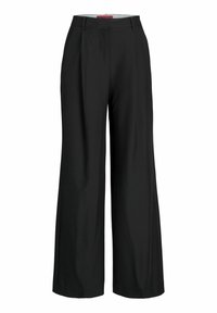 Zwarte op maat gemaakte wijde broek gemaakt van soepele stof, met een hoge taille, plooien aan de voorkant en zijzakken.