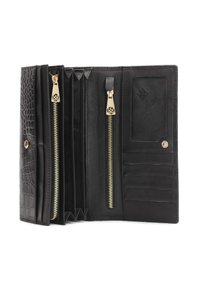 Portafoglio in pelle nera con texture cocco, dettagli in oro sulla cerniera, scomparti multipli per carte e un comparto zipper per le monete.