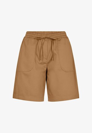 Braune Shorts mit einem elastischen Bund, Zugband und zwei Seitentaschen. Hergestellt aus glattem Stoff mit einem lockeren Schnitt.