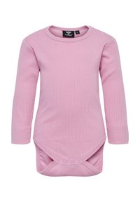 Langærmet pink ribbet bodysuit med rund halsudskæring, trykknapper ved skulderen og bunden samt en blød bomuldsstruktur.