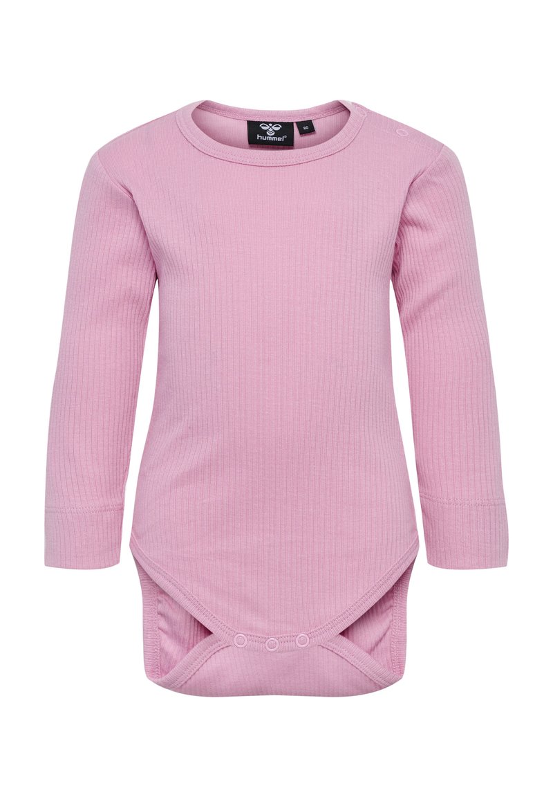 Langærmet pink ribbet bodysuit med rund halsudskæring, trykknapper ved skulderen og bunden samt en blød bomuldsstruktur.