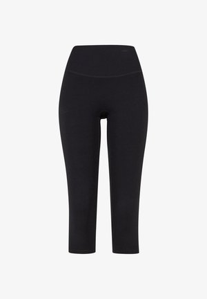 Svarta trekvarts leggings i stretchigt material, med hög midja och utan synliga mönster eller beslag.