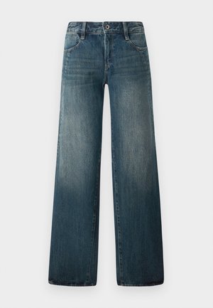 Wide-leg jeans in medium blue denim with a faded finish. Features five pockets and a metal button closure. Straight-cut and ankle-length.