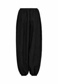 Zwarte, lichtgewicht broek met elastische taille, losse pasvorm en taps toelopende boorden. Het materiaal heeft een gladde, licht gekreukte textuur.