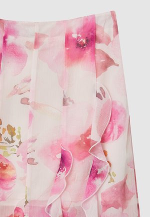 Floraler Rock aus durchsichtigem, leichtem Stoff mit einem rosafarbenen Aquarellmuster, gerüschten Rändern und dezenten grünen Akzenten.