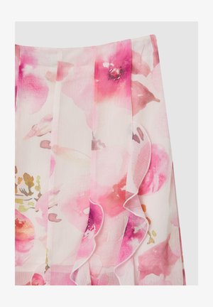 Gonna floreale in tessuto trasparente e leggero, caratterizzata da un motivo ad acquerello rosa con bordi arricciati e sottili accenti verdi.