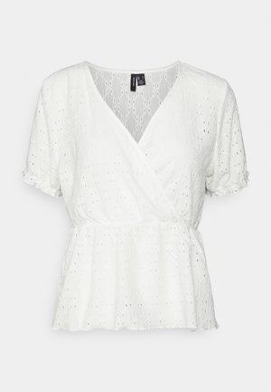 Witte blouse met korte mouwen van oogjesstof, overslag V-hals, elastische taille en licht gerimpelde zoom en mouwranden.