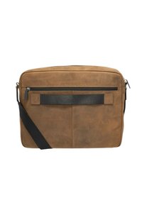 Braune Leder-Umhängetasche mit glatter Oberfläche, ausgestattet mit einem schwarzen verstellbaren Tragegurt, einer Vorderreißverschlusstasche und einem minimalistischen Design.