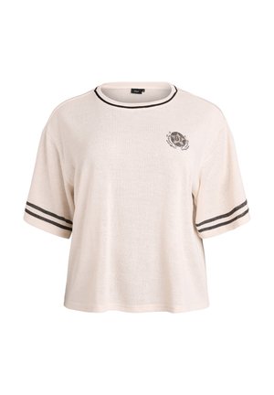 Krátké rukávy, béžové pletené tričko s kulatým výstřihem, černě pruhované manžety a grafický potisk na hrudi.