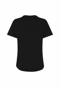 Μαύρο εφαρμοστό T-shirt με κοντά μανίκια και στρογγυλή λαιμόκοψη, εμφανίζεται από πίσω σε λευκό φόντο.