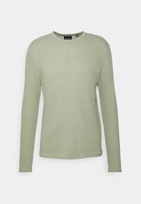 Pull à manches longues vert clair avec un motif texturé, un col rond et des poignets côtelés. Fabriqué en tissu doux pour le confort.