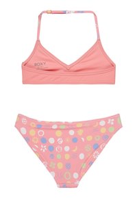 Růžový bikini set s trojúhelníkovým topem s nastavitelnými ramínky a odpovídajícími spodními díly, zdobený barevnými vzory kruhů a tvarů.