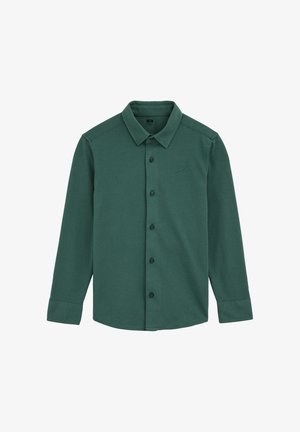 Dunkelgrünes Langarm-Hemd mit Knopfleiste aus glattem Baumwollmischgewebe. Verfügt über einen Kragen, sieben Knöpfe und ein dezentes Logo auf der Brust.