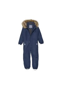 Mörkblå isolerad snoverall med huva klädd i fuskpäls, dragkedja fram och fickor, elastiska ärmslut och förstärkta knäområden för hållbarhet.