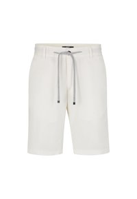 White linen shorts with a relaxed fit, featuring a gray drawstring, side pockets, and a fold-over hem.
