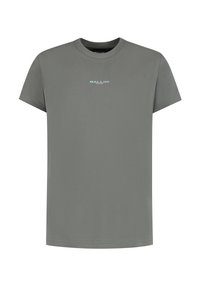 Grijze T-shirt met korte mouwen en ronde hals, met een klein gecentreerd "BALLIN'" logo in lichtblauwe letters op de borst.