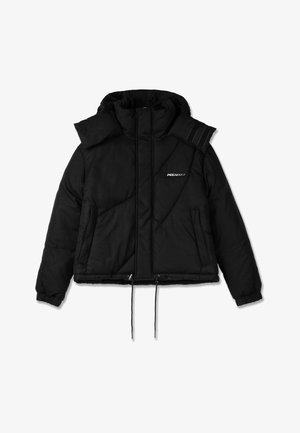 Fekete bélelt puffertan végű kabát magas gallérral, elülső cipzárral, behúzható alsó résszel és párnázott kialakítással. Mellkason elhelyezett logóval és bordázott mandzsettákkal rendelkezik.