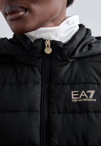 Mustat tikkikankaiset puffatakkikevyet takki hupulla, jossa on kultainen vetoketju ja EA7 Emporio Armani -logo rinnassa. Valkoinen sisäkaulus näkyvissä.
