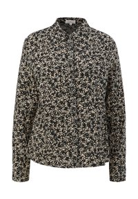Blusa nera floreale con maniche lunghe, chiusura con bottoni e colletto. Presenta un motivo floreale bianco sparso su uno sfondo scuro.