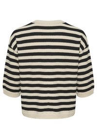 Schwarz-cream gestreifter Strickpullover, kurze Ärmel, runder Halsausschnitt, weicher Griff, verkürzter Saum, gleichmäßig verteilte horizontale Streifen.