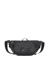 Borsa a tracolla nera con un design elegante, caratterizzata da una superficie testurizzata, scomparti con zip e una patch con il marchio sulla parte anteriore.