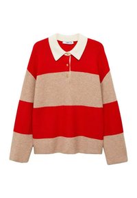 Röd och beige randig stickad tröja med en krämfärgad krage, fyra knappar och ribbad textur. Avslappnad passform, lång ärm.