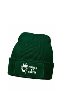 Green knit beanie with a ribbed texture and a cuff. Features a white patch displaying the text "FUELED BY COFFEE" and a coffee cup graphic.