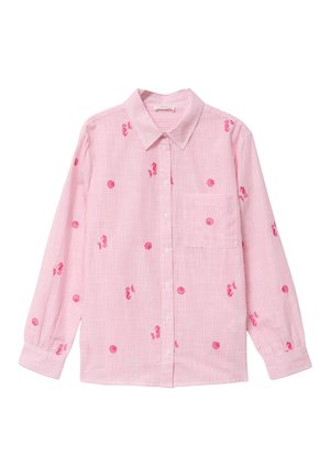 Roze overhemd met lange mouwen en knopen, met lichte verticale strepen, geborduurde roze zeepaardjes, schelpen en koraalpatronen, en een borstzak.