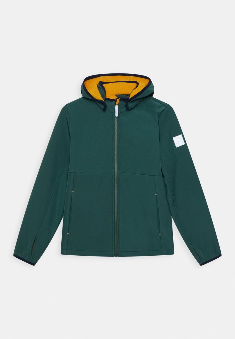 Sweat à capuche zippé vert foncé avec doublure intérieure jaune, deux poches avant et un patch blanc sur la manche gauche, présenté sur un fond blanc.
