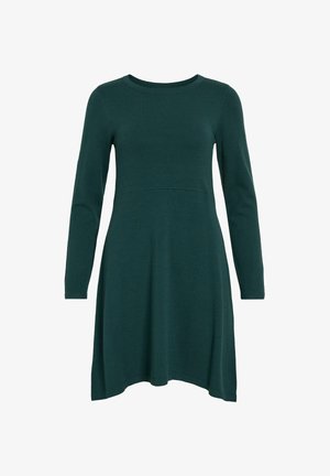 Abito verde a maniche lunghe realizzato in un tessuto morbido, caratterizzato da un corpetto aderente e una gonna svasata. Semplice collo rotondo, senza fantasie o decorazioni.