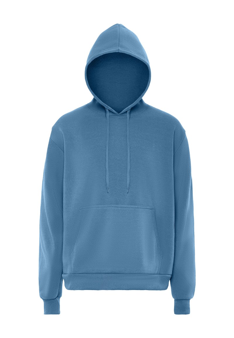 Sudadera de algodón azul con un bolsillo frontal, cordones en la capucha, puños acanalados y una textura general suave.