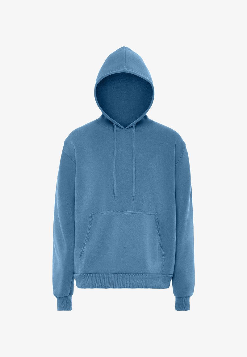 Modrá bavlnená mikina s kapucňou, predným vreckom, šnúrkami na kapucni, pružnými manžetami a celkovou hladkou textúrou.