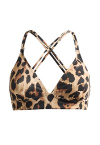 Bikini w cętkowanym wzorze, z trójkątnym krojem, regulowanymi krzyżującymi się ramiączkami i gładką teksturą materiału w odcieniach beżu, czerni i brązu.